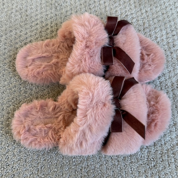 NWOT Anthropologie Maeve Faux-Fur Open-Toe Bow Slippers Pink Size Medium - Picture 5 of 7